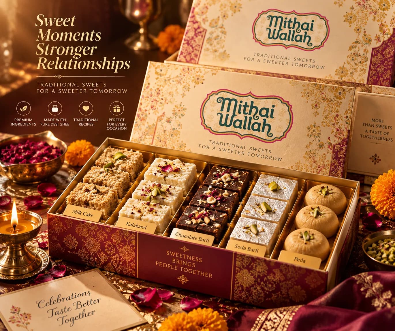 Mithaiwallah premium sweet box assortment with Milk Cake, Kalakand, Chocolate Barfi, Doda Barfi and Peda