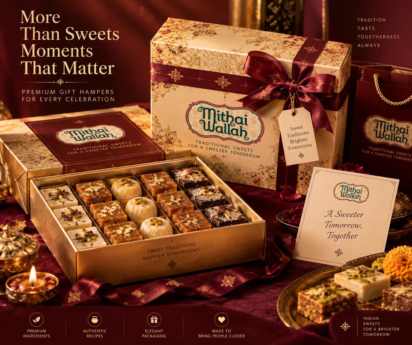 Mithaiwallah premium corporate gift hamper with ribbon bow, gift tag and an assortment box of sweets