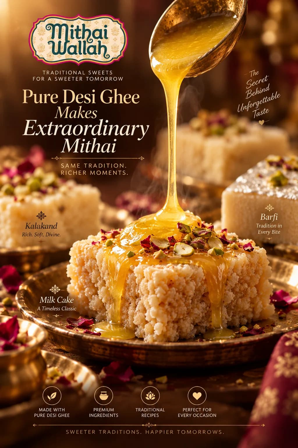 Pure desi ghee being poured over a Milk Cake with Kalakand and Barfi in the background