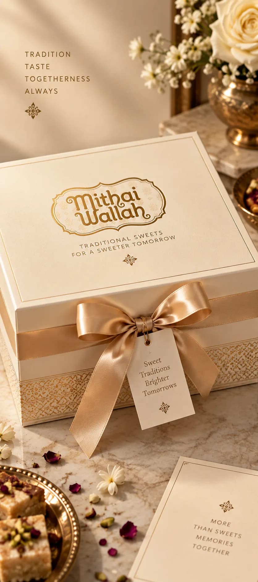 Ivory Mithaiwallah gift box with gold foil branding and a champagne satin ribbon bow