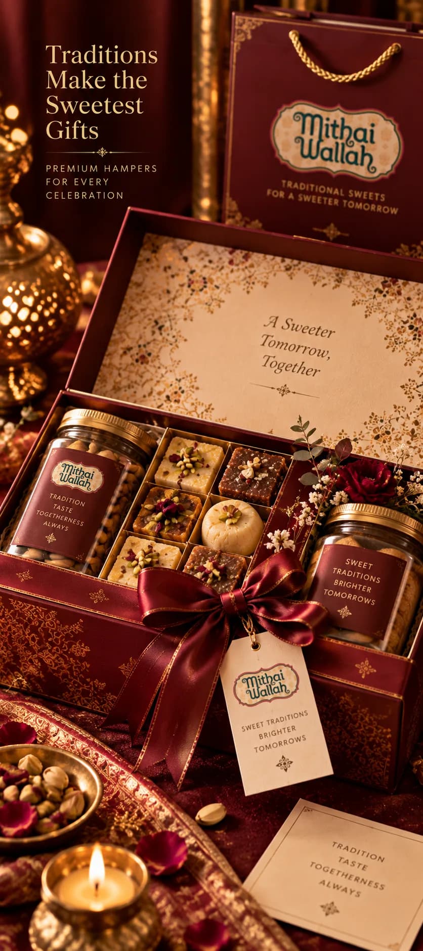 Maroon and gold Mithaiwallah festive hamper open with sweets, jars and a gift tag