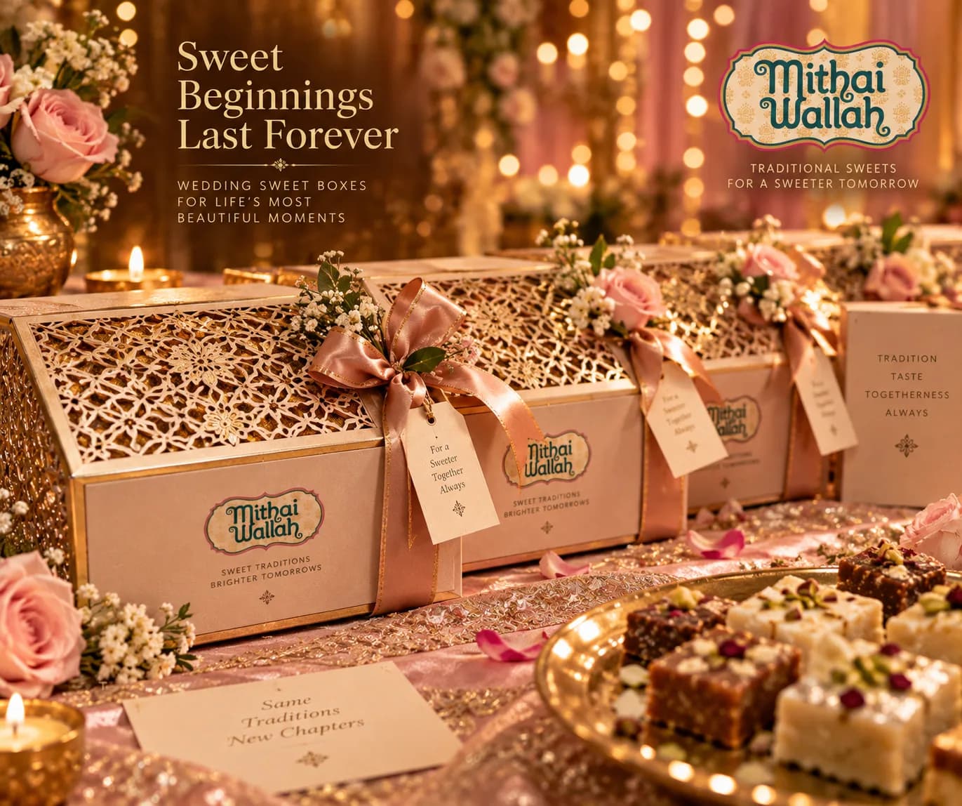 Row of Mithaiwallah wedding sweet boxes with gold lattice lids, blush ribbon bows and fresh roses