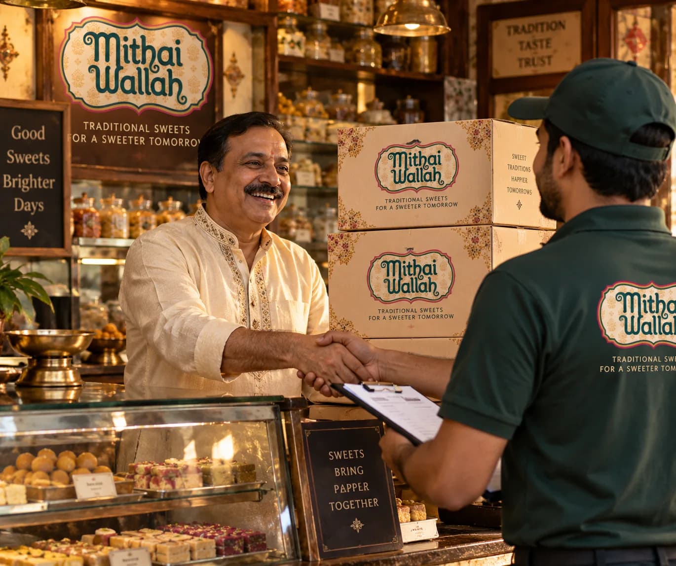 A Mithaiwallah shop owner shaking hands with a delivery partner over stacked branded cartons at the sweet shop counter